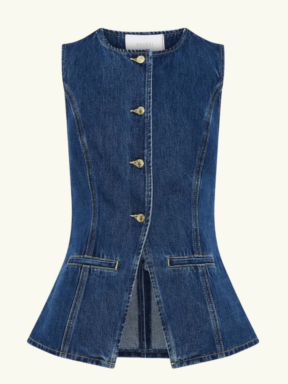 Meshki Indigo Denim Buttoned Peplum Vest